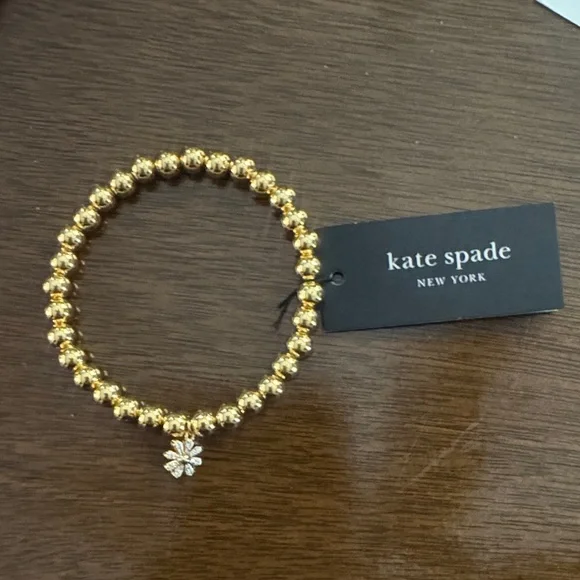 🎁 Kate Spade Gold Beaded Joy Pave Bracelet with Flower Charm $78 NWT - Picture 2 of 6